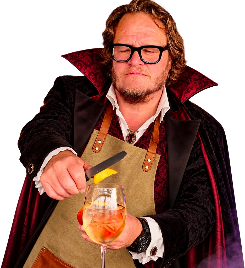 Hogge utklädd till vampyr med en drink i handen