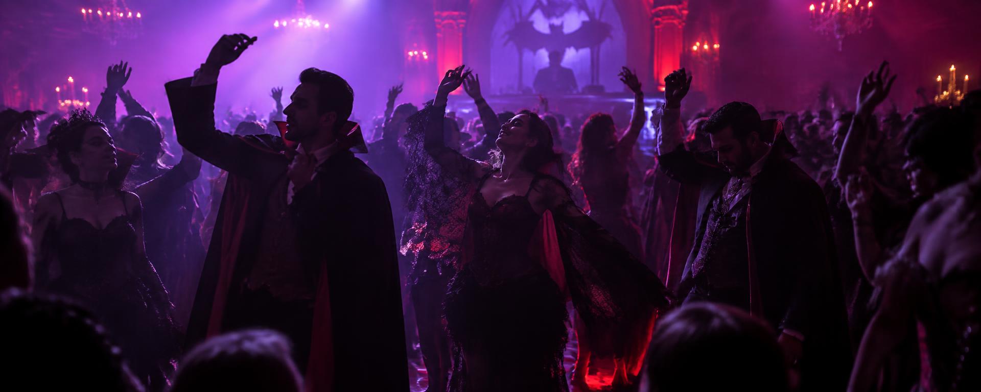 Zombieklädd publik som dansar under lila och blodröda klubbljus